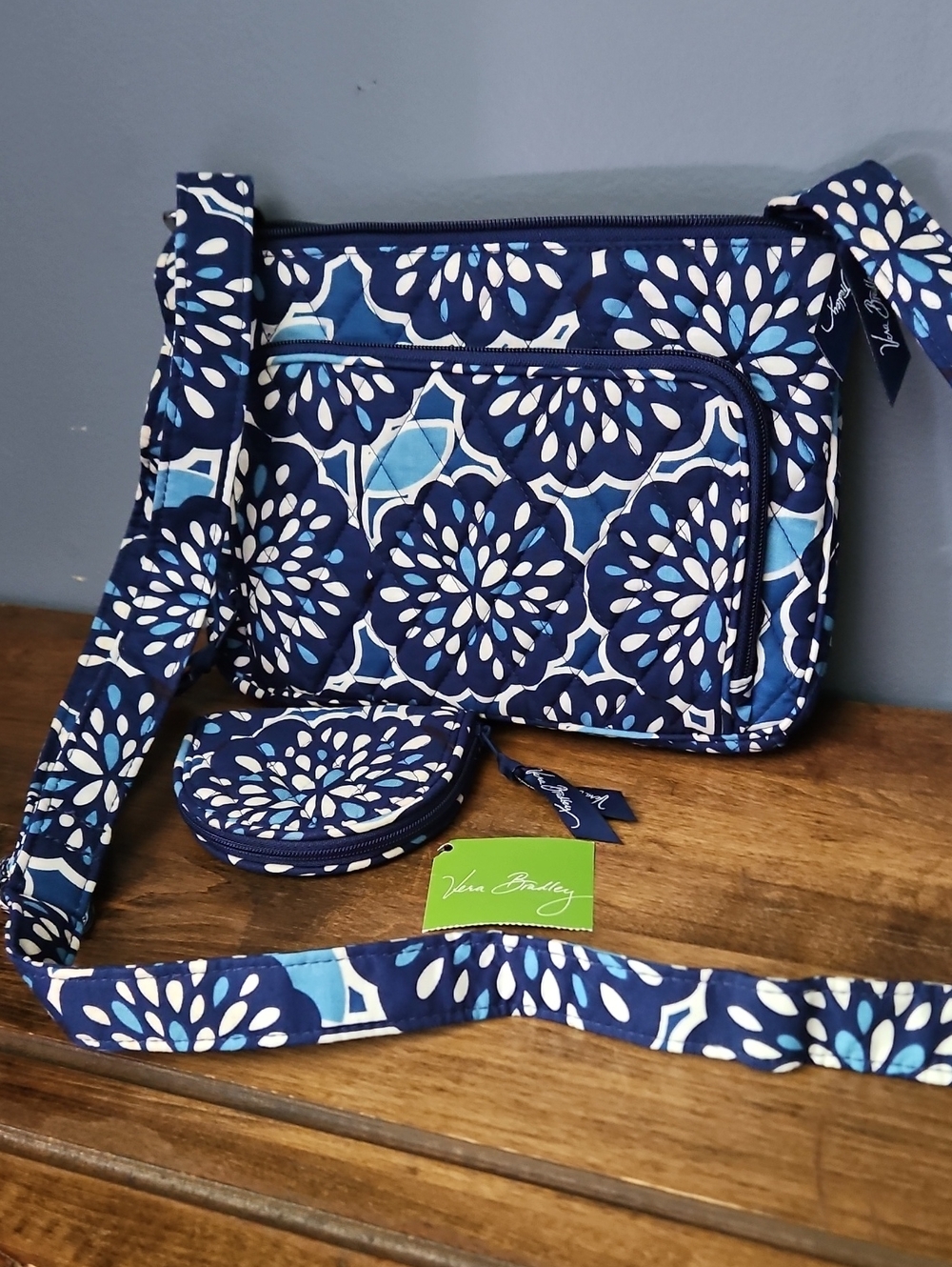 Vera Bradley Navy/Light Blue Floral Quilted Crossbody with Matching Coin Pouch